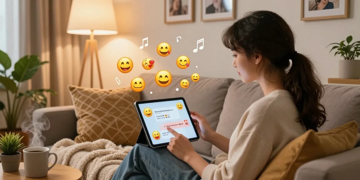 Engaging in a spicy chat with an AI companion in a cozy home setting.