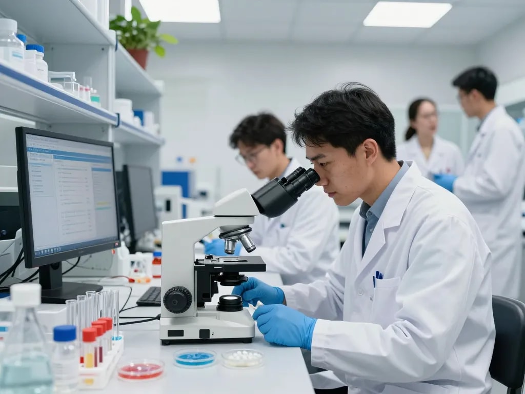Innovative lab focused on MB66 research with scientists analyzing antiviral solutions.