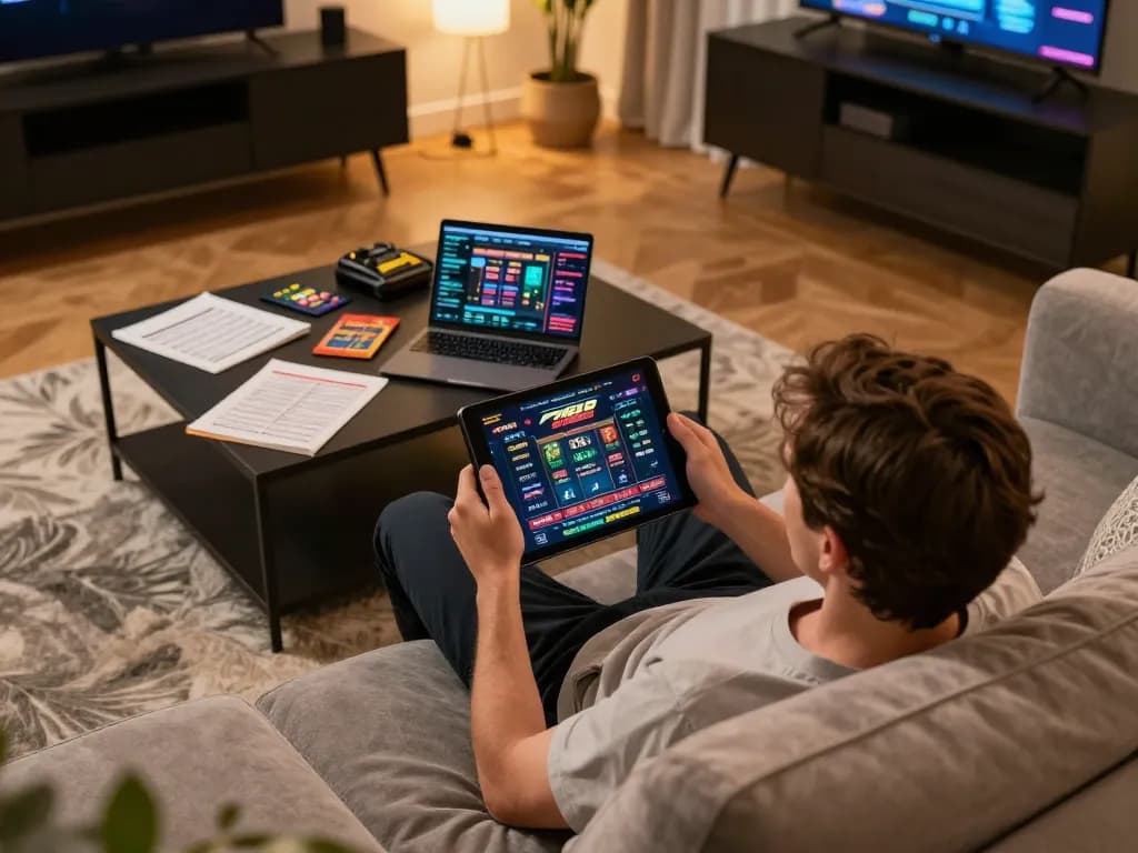 Engaging in online casino games on F168 with a cozy home setup and tablet display