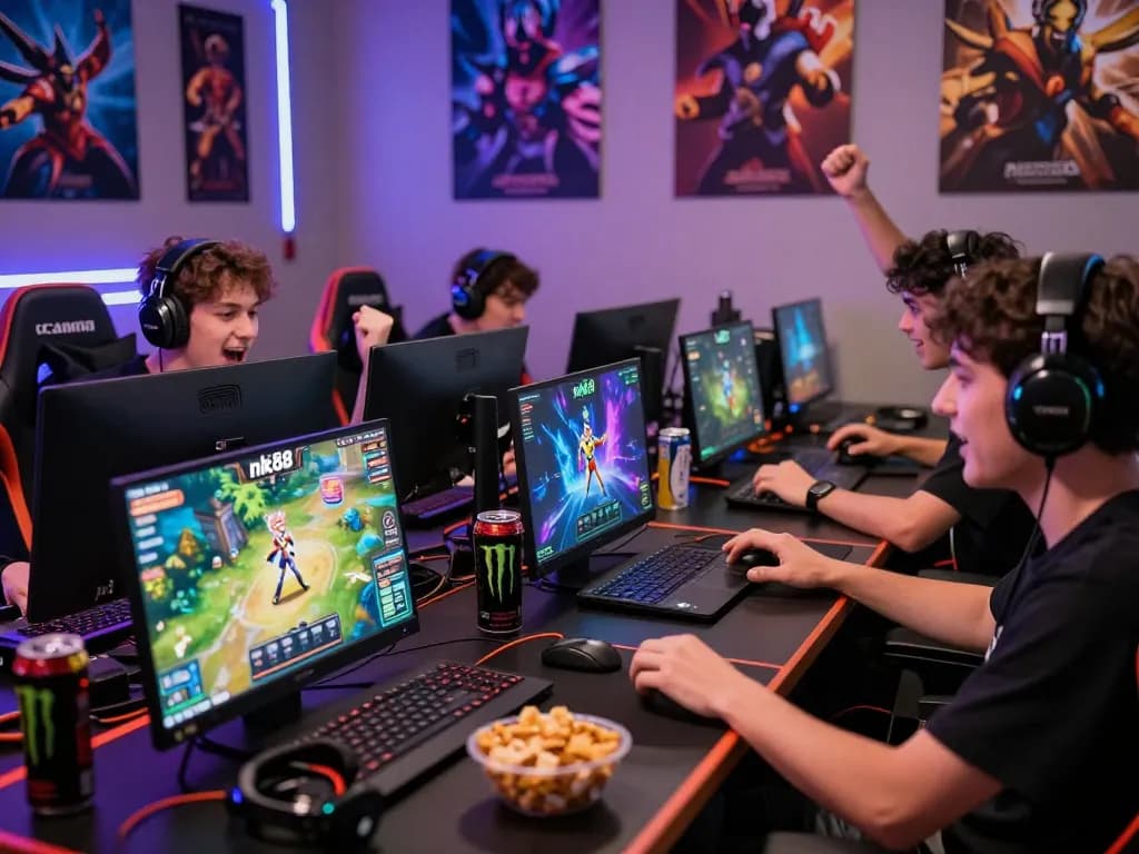 Players enjoying the nk88 game in an immersive gaming atmosphere filled with celebration and colorful graphics.