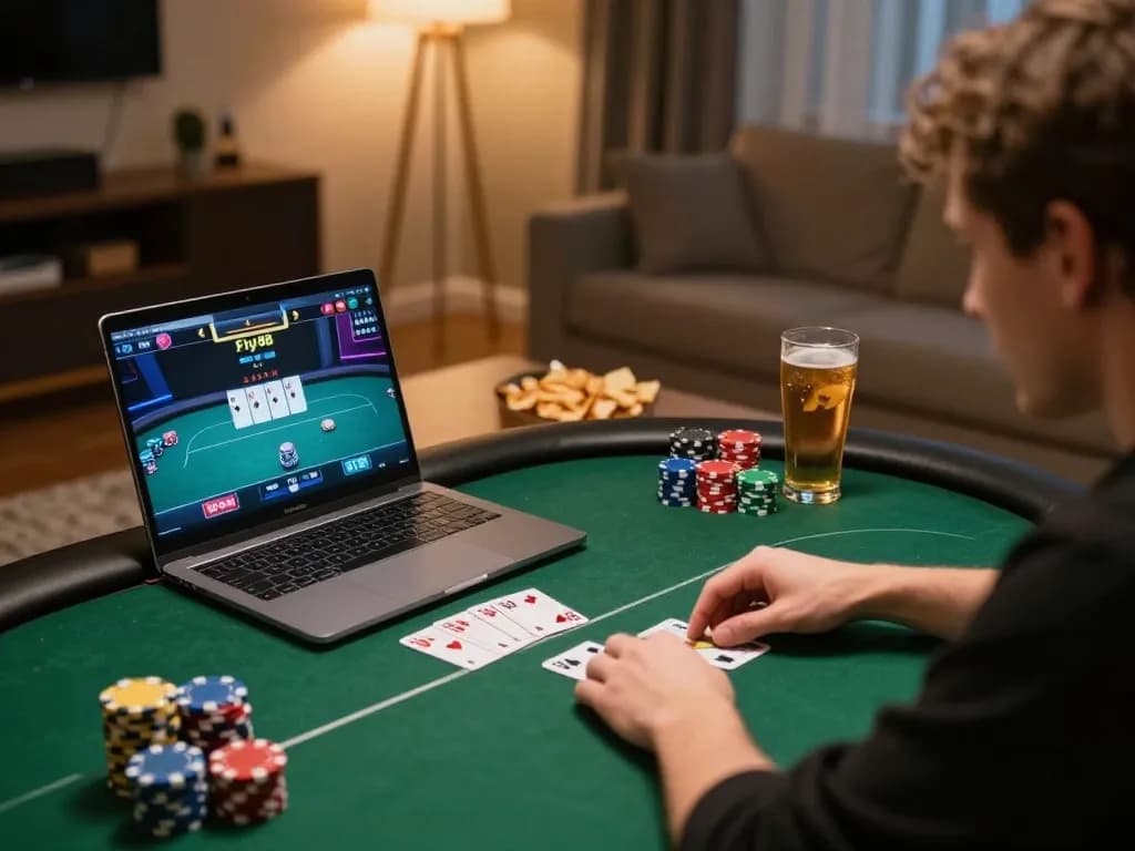 Engaging in an online Fly88 poker game, showcasing strategic gameplay at home with snacks and laptop