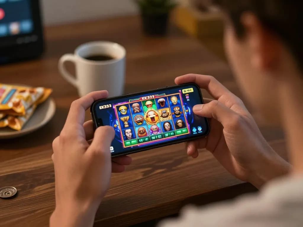 Player enjoying EK333 slot game on smartphone with vibrant graphics and cozy atmosphere
