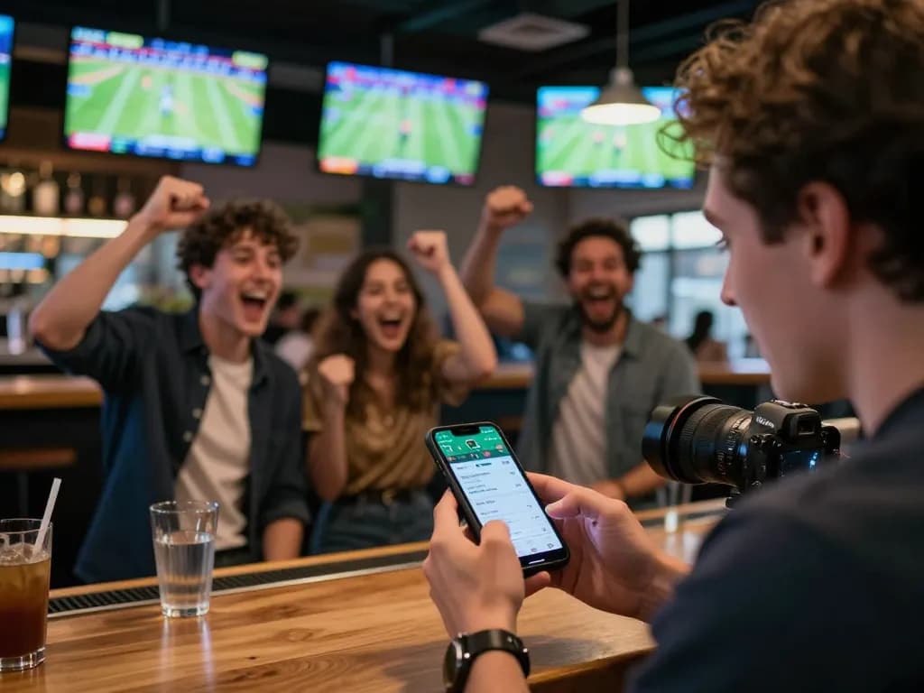 Engaging in live sports betting on ga8888 app at a buzzing sports bar.