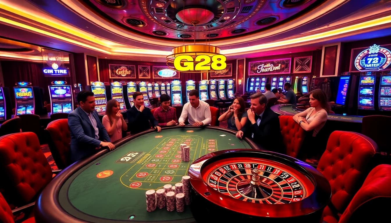 Experience the thrill at G28 casino with poker tables and vibrant slot machines in a luxury setting.