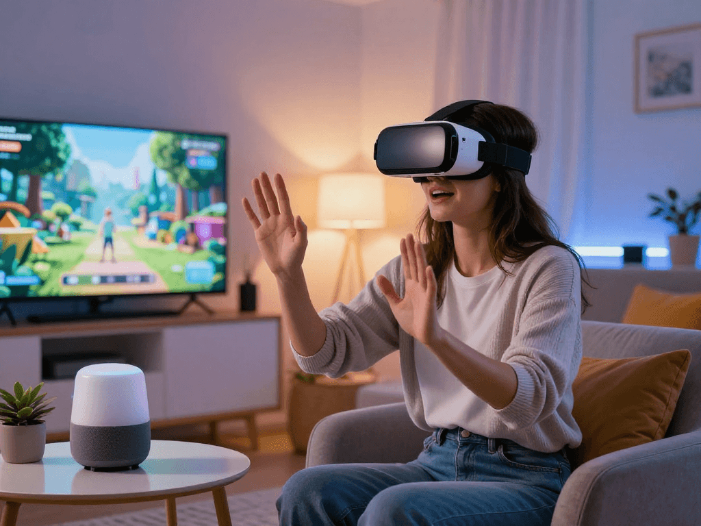 Engaging moment of a woman with her AI girlfriend in a cozy living room, showcasing innovative technology.