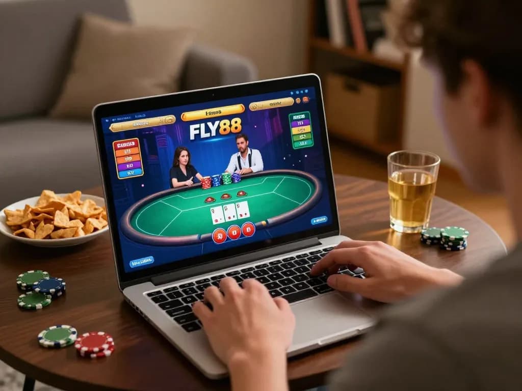 Player engaging in online poker at FLY88, showing focused gameplay and a cozy home environment.