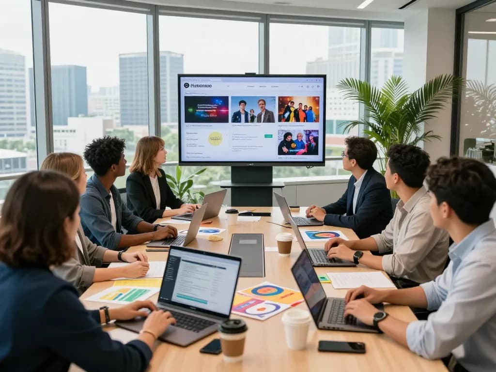 KJC team collaborating in a vibrant office, showcasing diverse entertainment projects and innovative strategies.