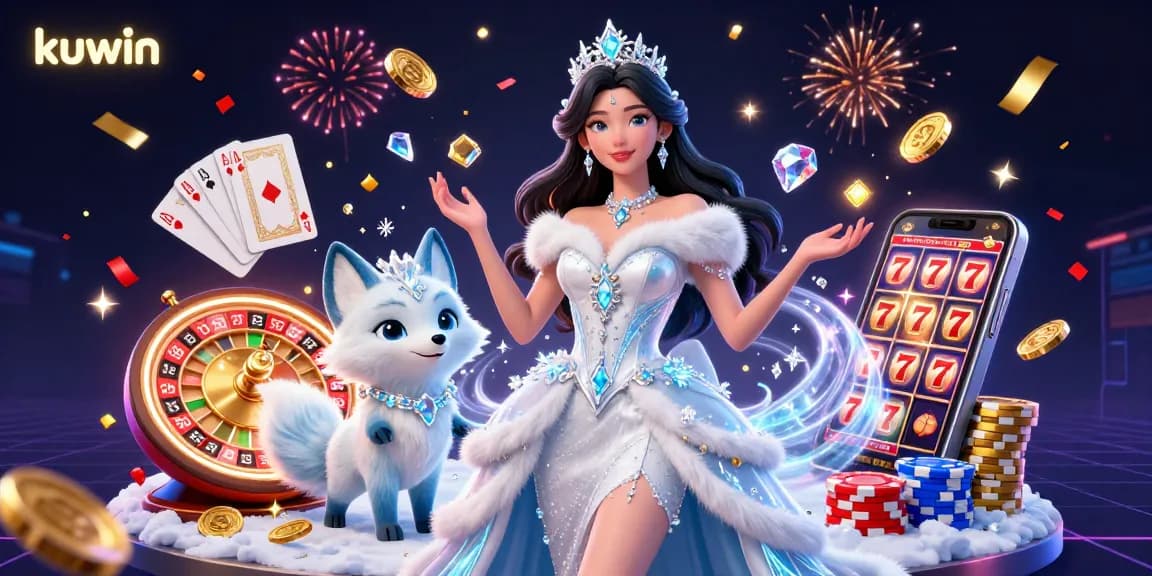 Kuwin casino illustration with stunning woman and arctic fox surrounded by dynamic gaming elements.