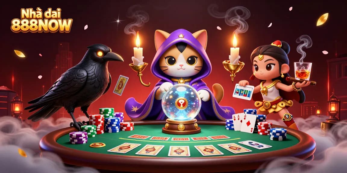 Engage with Nhà cái 888NOW through a vibrant casino illustration showcasing fortune teller cat and poker elements.