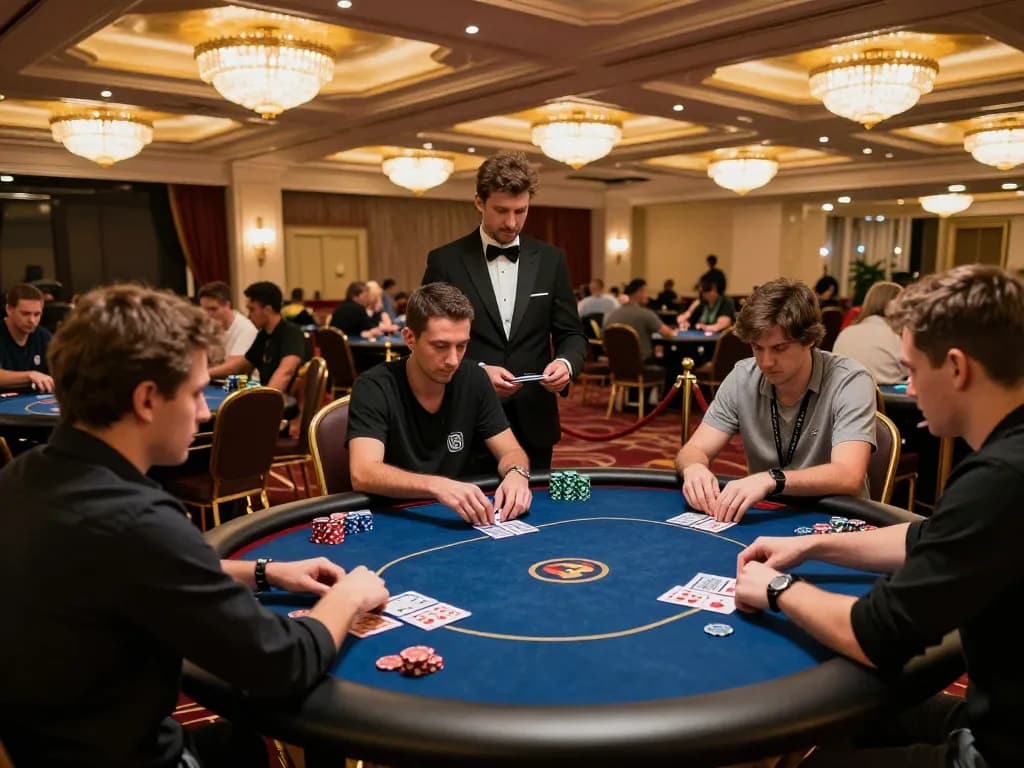 FC88 poker players engaging in fierce competition at a luxurious casino tournament, chips stacked high.