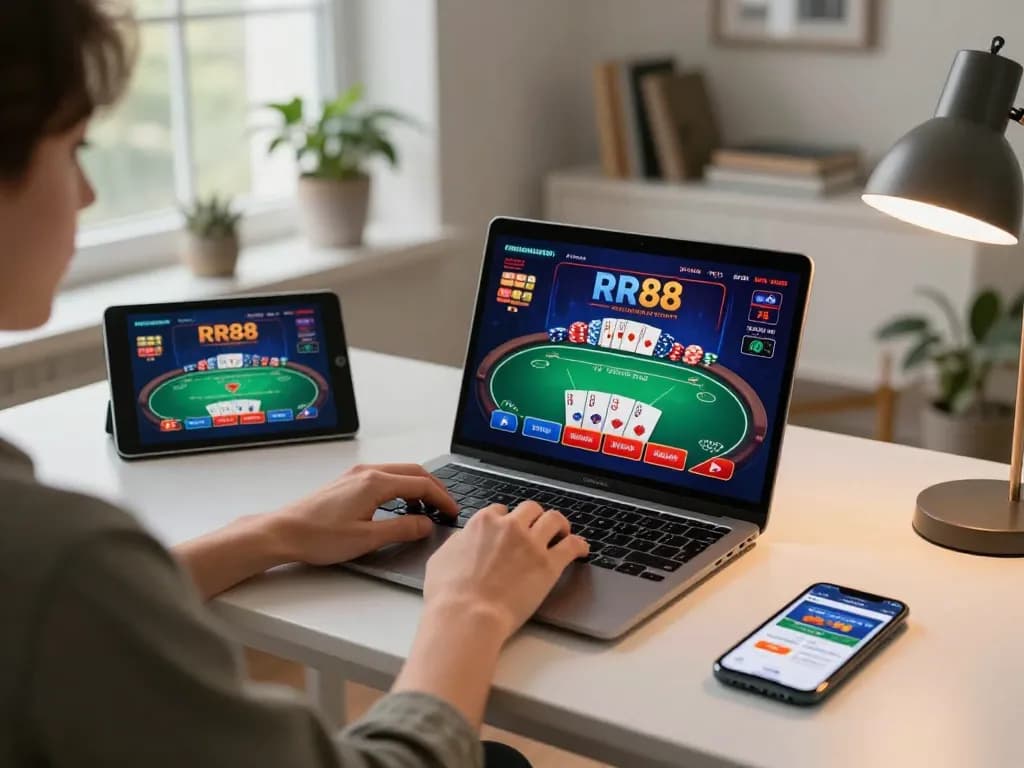 Engage in RR88 online casino gaming with a vibrant laptop interface showcasing poker chips and cards.