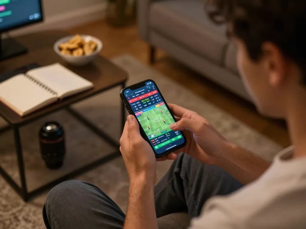 Person placing sports bets through debet app on smartphone in cozy living room setting