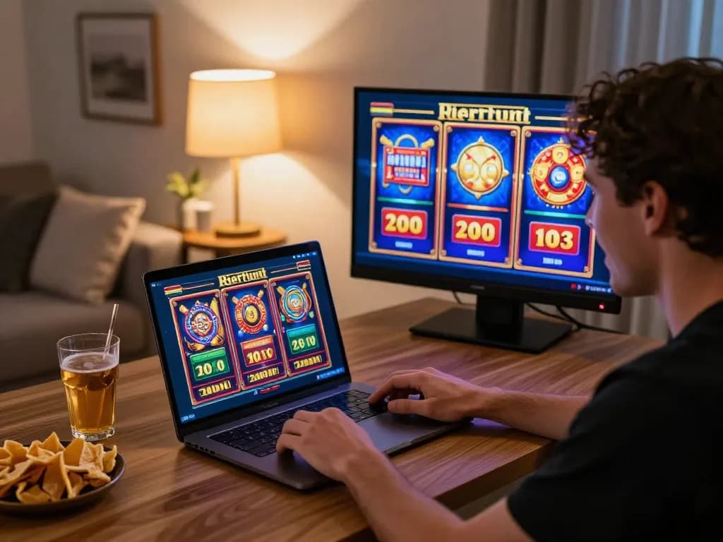 Playing real money pokies Australia on a laptop at home, highlighting strategy and engagement.