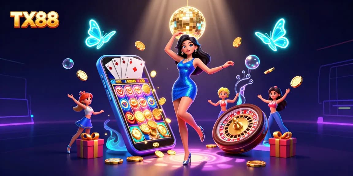 Experience the excitement of TX88 gaming with vibrant slot reels and dynamic casino elements.