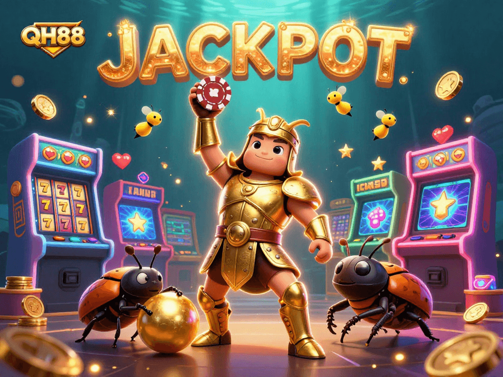 Engage with QH88's casino excitement featuring a victorious beetle lifting a poker chip!