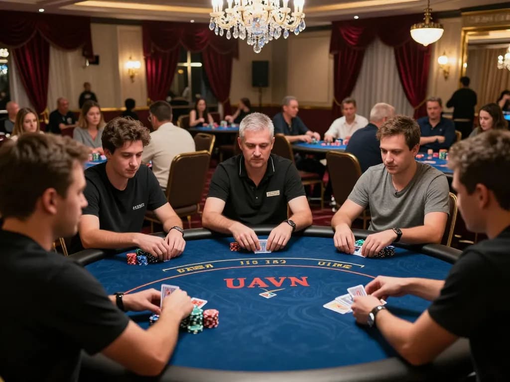 Players strategizing during an intense 7m poker game in a luxurious casino setting