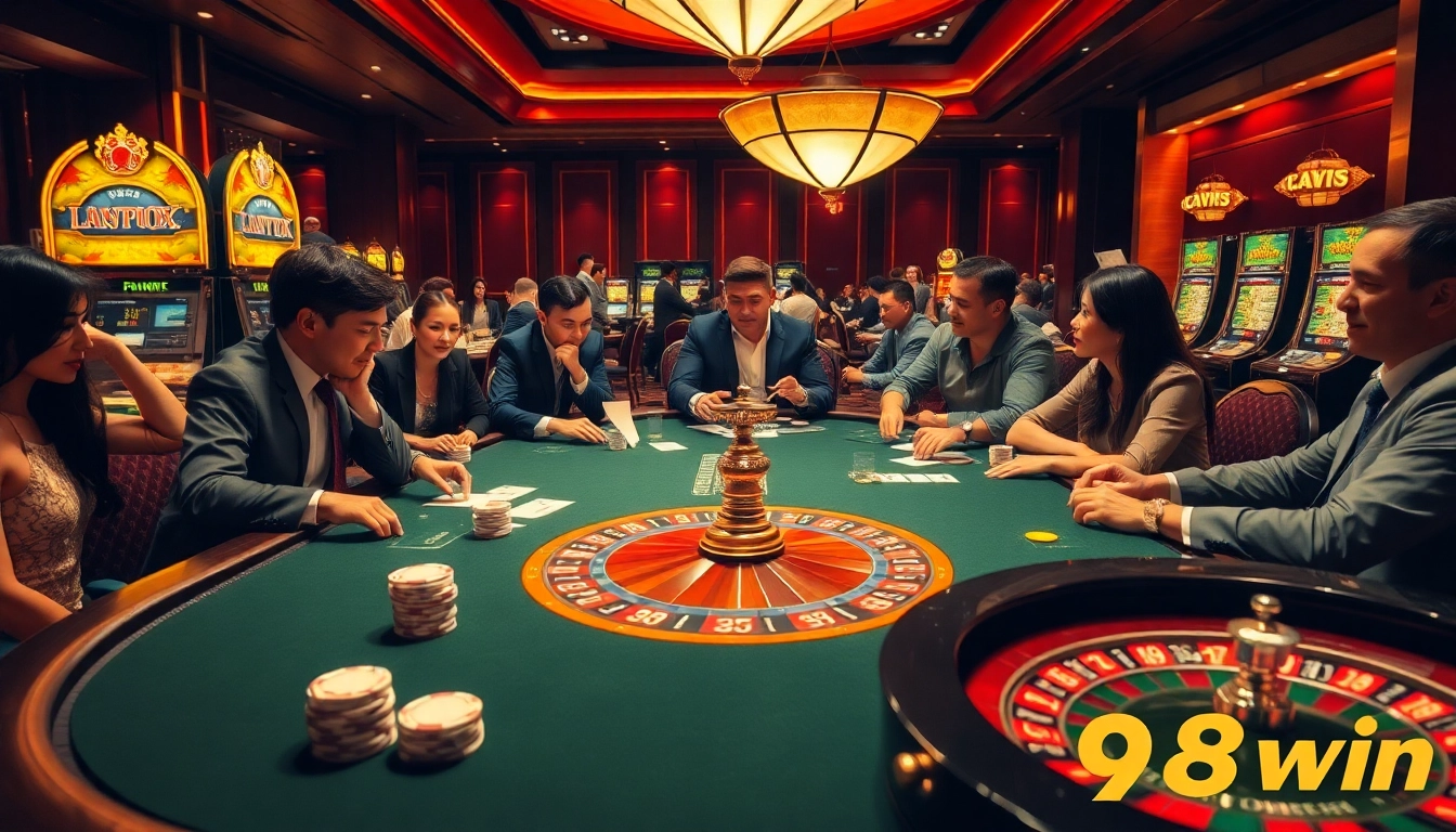 Experience the excitement of 98win with a stunning casino scene featuring poker, roulette, and slots.