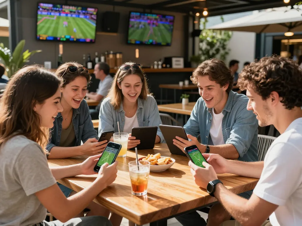 iwin club friends analyzing stats for sports betting with excitement in a vibrant setting