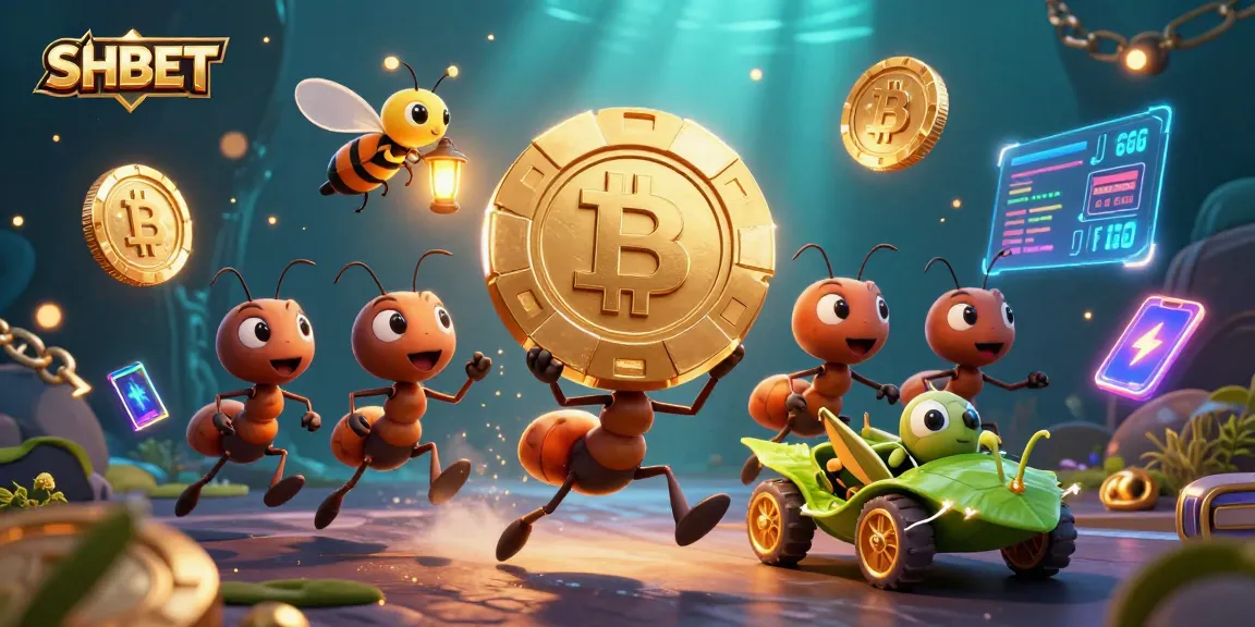 SHBET showcases a thrilling heist by ants, with vibrant crypto elements and casino themes, capturing gambling excitement.