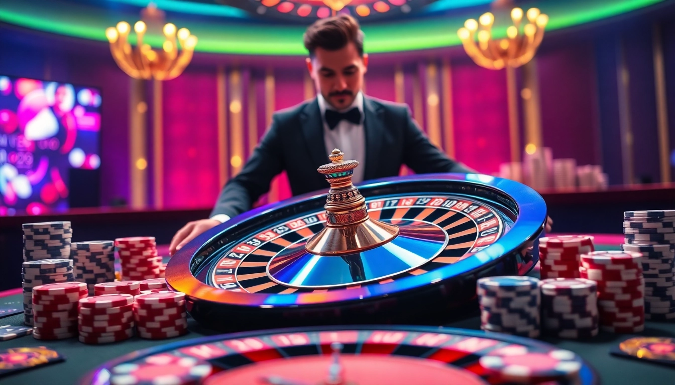 Experience high-stakes excitement at BL555 with roulette and poker chips in a vibrant casino setting.