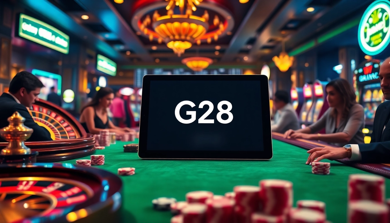 G28 online gaming experience with poker chips and a roulette wheel, showcasing excitement and luxury.