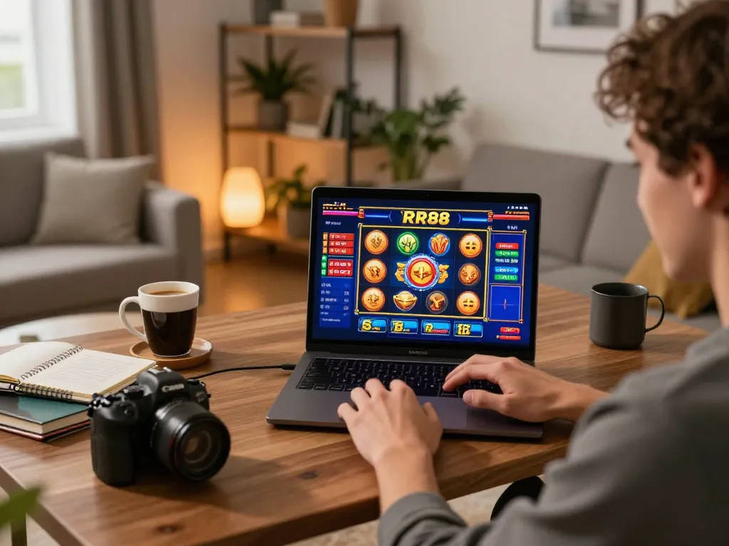 Engaging with online casino games at RR88 on a cozy laptop setup, promoting safe gambling.
