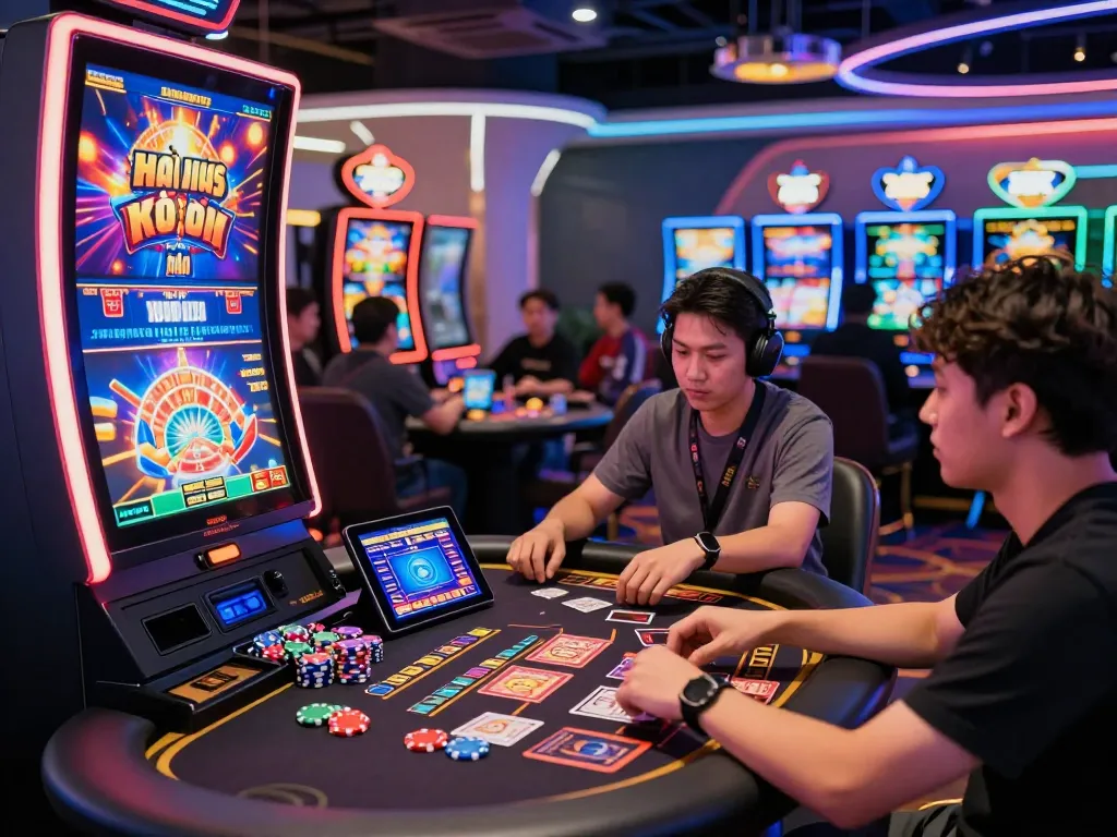 Dynamic online gaming atmosphere showcasing nhà cái nổ hũ with players at vibrant slot machine and gaming tables.