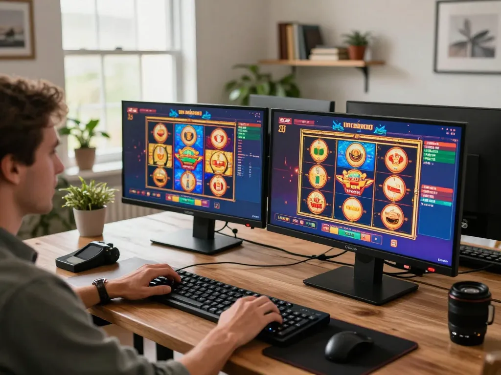 Engaging online gaming session at home using vu88, showcasing vibrant slot games on dual screens