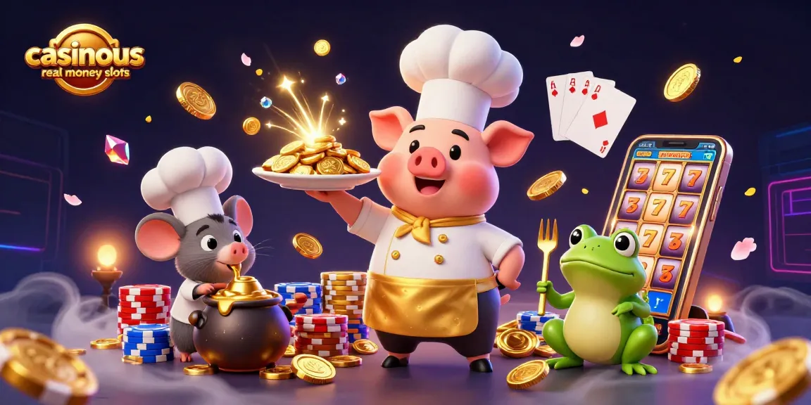 Engage in casinous real money slots with a 3D chef pig and magical casino elements celebrating wins.