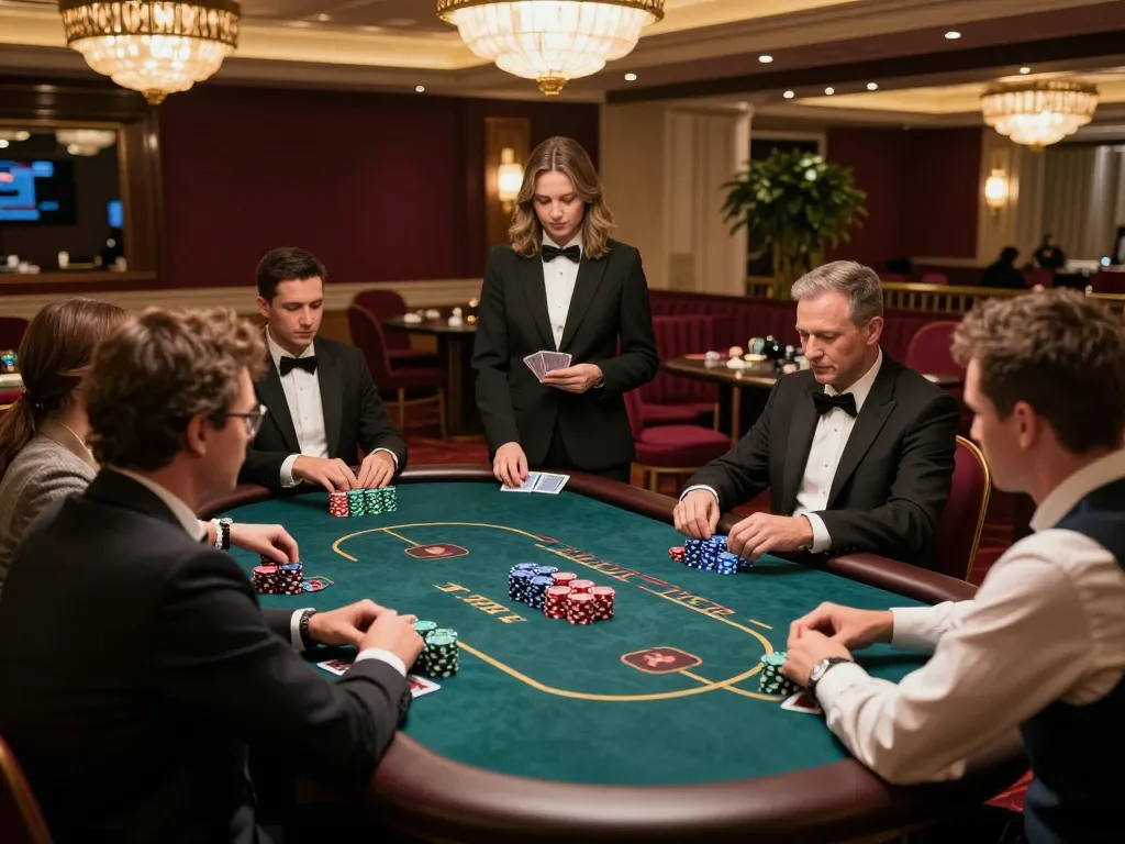 Players engaged in SC88 poker game at a luxurious casino table, colorful chips in play.