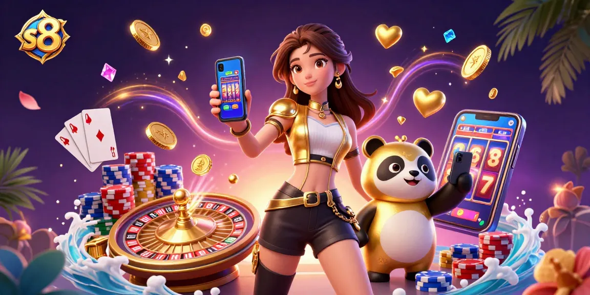 Engage in thrilling gameplay at S8 with the elegant woman and golden panda enjoying casino excitement.