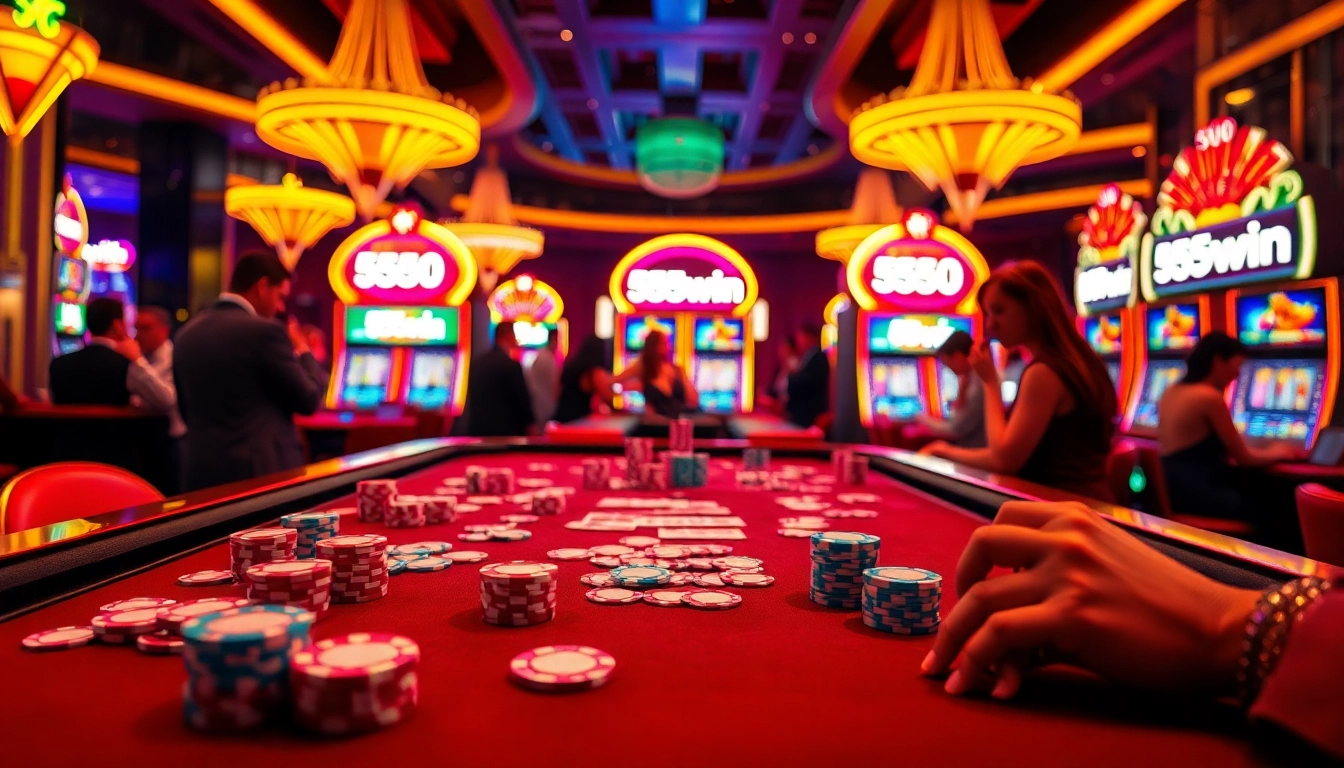 Experience the thrill of gaming at 555win's vibrant casino, featuring poker chips and illuminated slot machines.