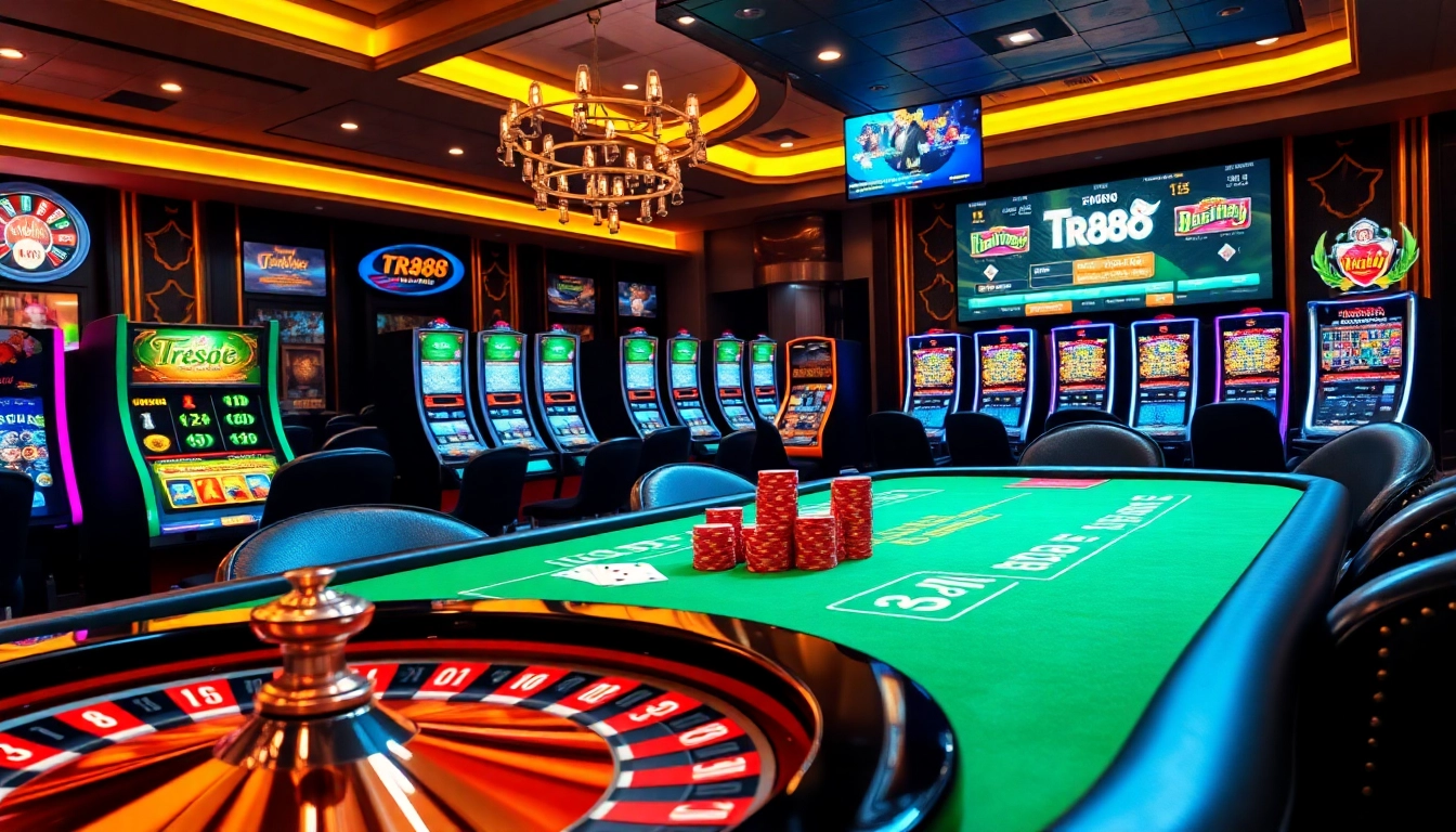 Experience the thrill of tr88 betting with a vibrant casino atmosphere filled with chips and cards.