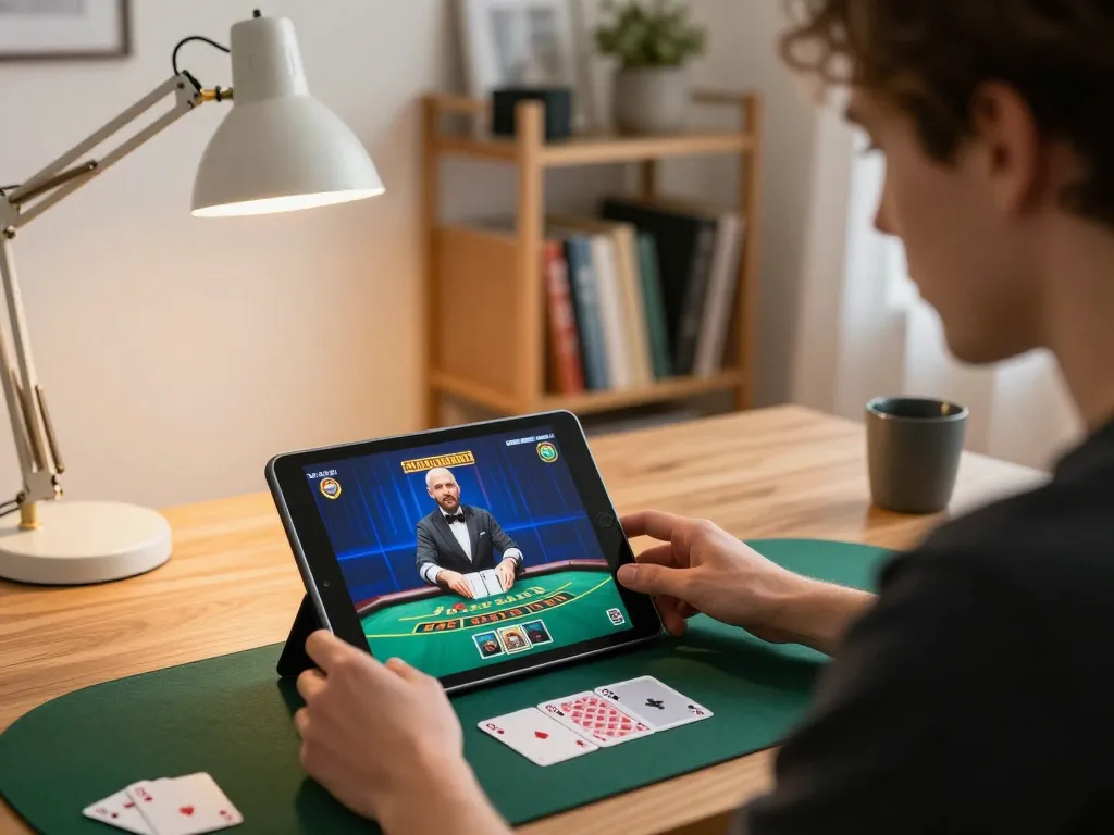 F8bet player enjoying live dealer blackjack on a tablet in a cozy home office
