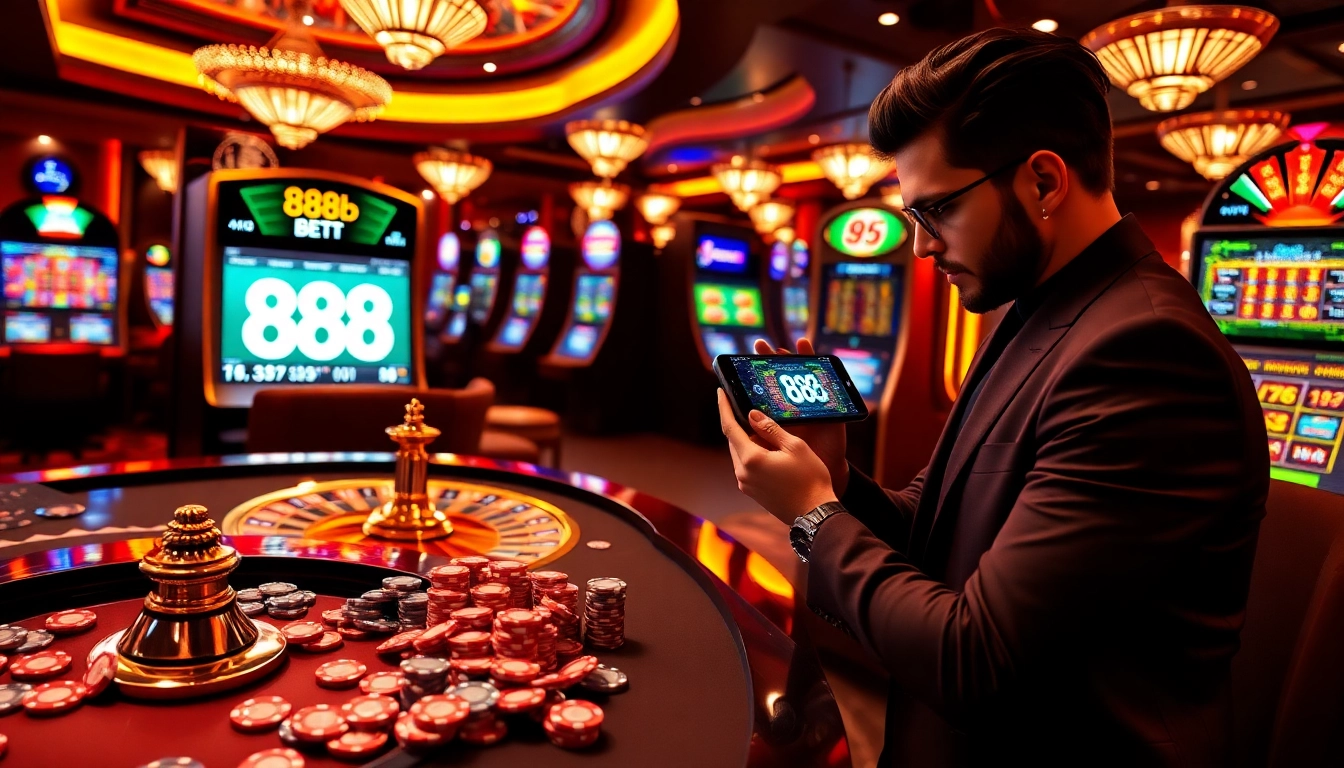 Engaged player exploring the 888b online gambling platform amidst vibrant casino elements.