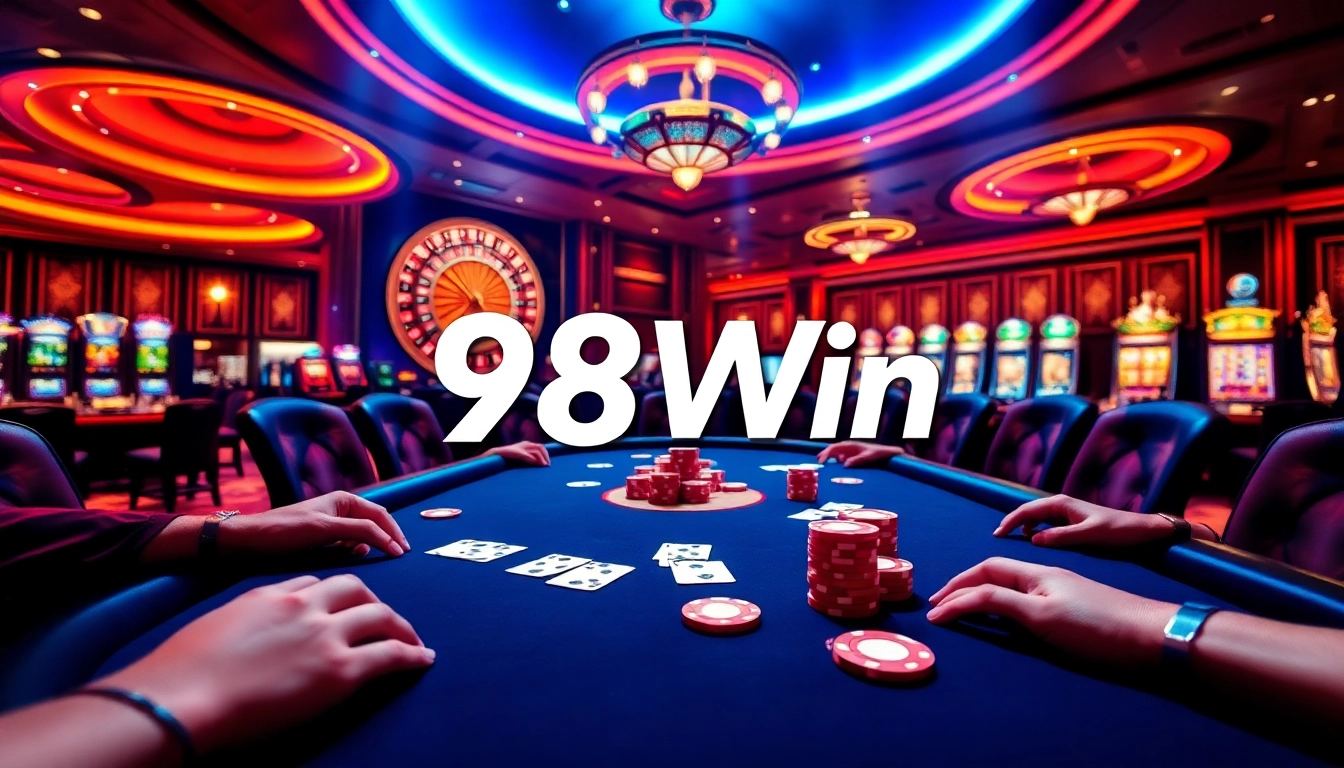 Exciting poker gameplay at 98Win casino, showcasing cards and chips in a vibrant environment.