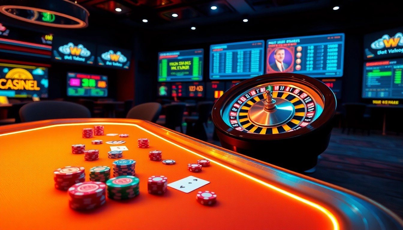 Experience thrilling gameplay at https://zx88.buzz/ with a luxurious casino scene featuring vibrant poker and roulette.