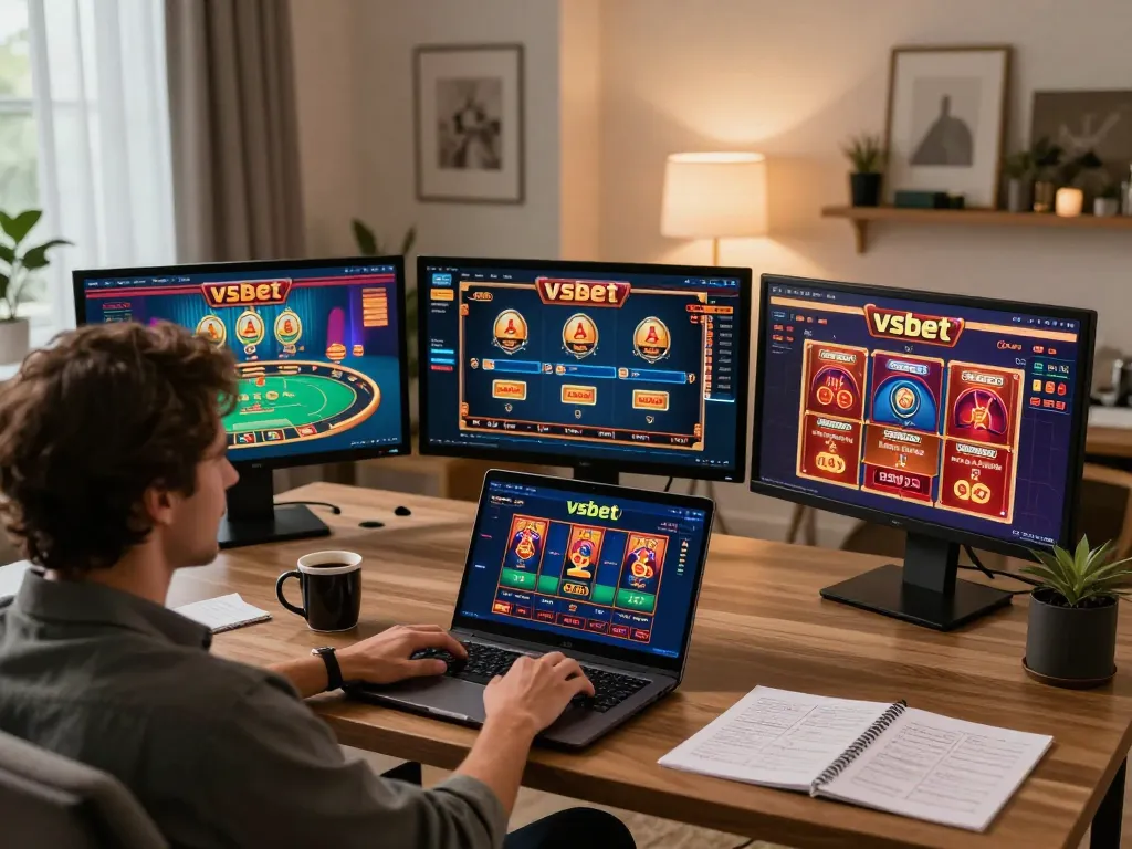 Experience engaging gameplay with vsbet on a stylish laptop in a modern home office.