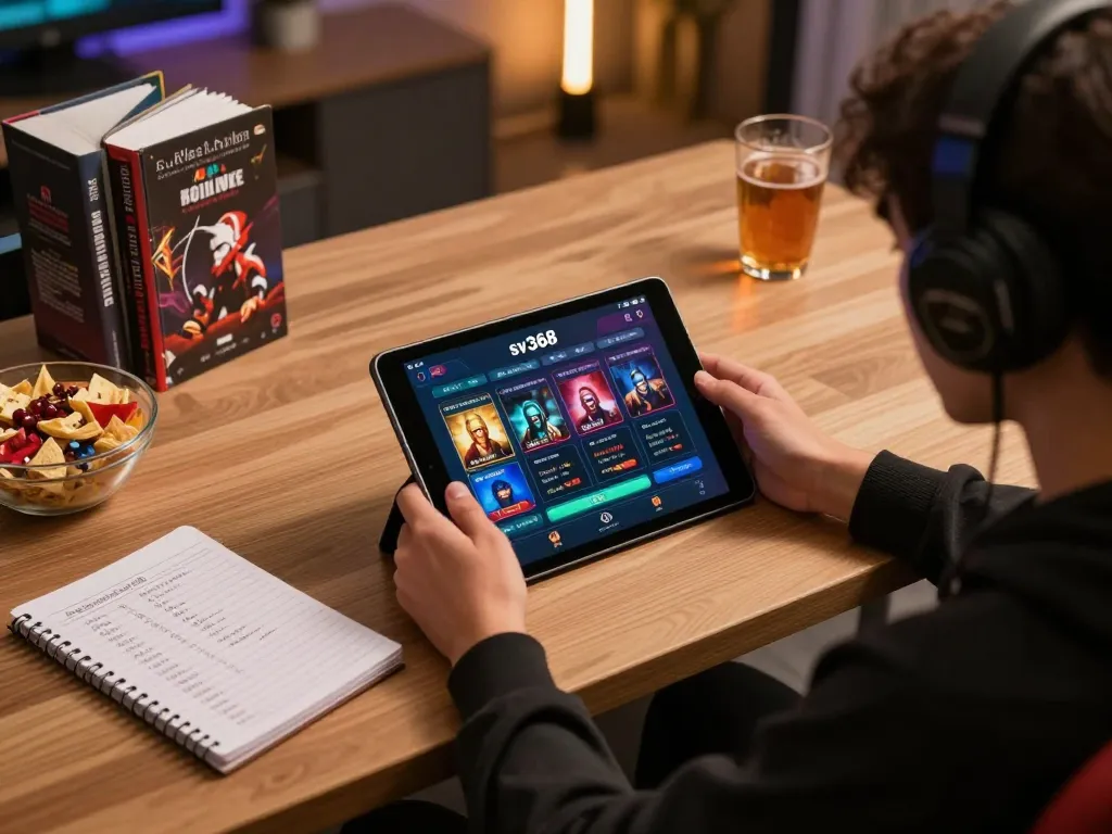 Engaging with the sv368 app for online gaming with strategy notes nearby, cozy atmosphere.