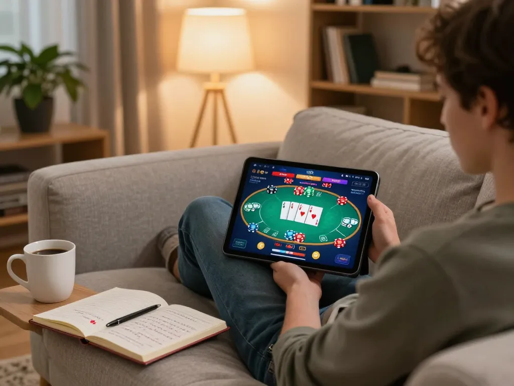 Engaging in online casino games with pg88 trang chu dang nhap using a tablet, cozy home setting enhances gaming experience.