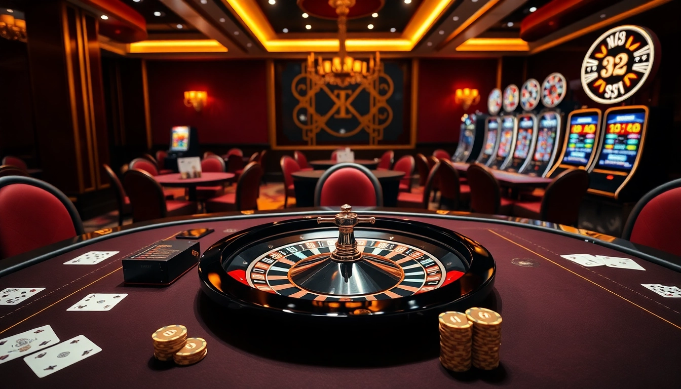 Engaging scene of online gambling at https://debet.jp.net/, featuring poker tables, roulette wheel, and slot machines.
