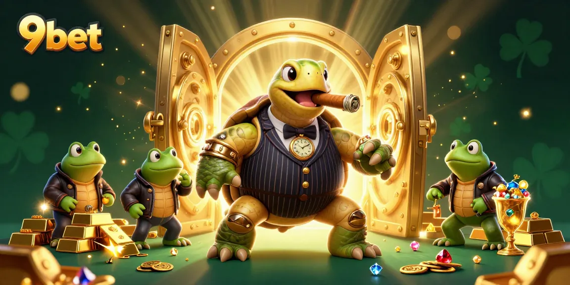 Engage in exciting gameplay with 9bet's massive snapping turtle mobster and frog enforcers in a vibrant casino scene.