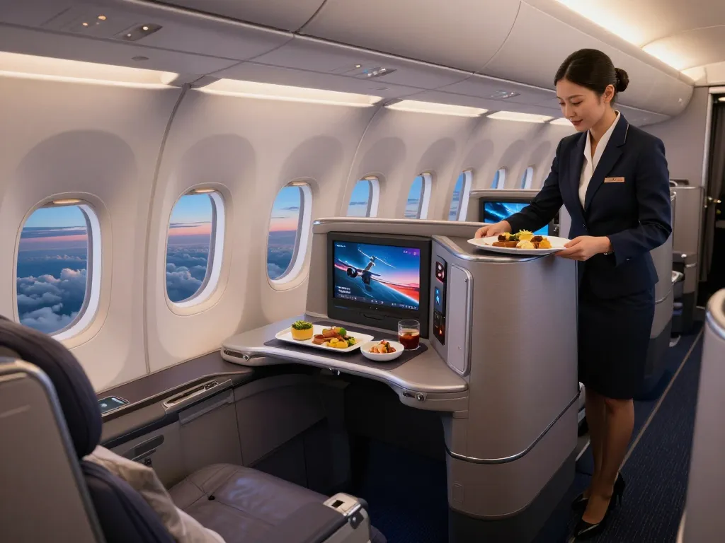 In-flight experience on the luxurious 789P with premium seating and gourmet meal service.