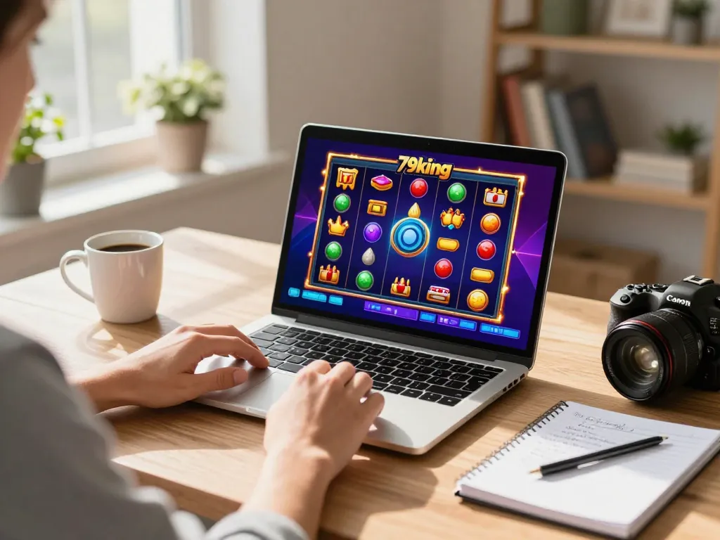 79king player engaging in online casino gaming at home with laptop and notes, capturing strategy and excitement.