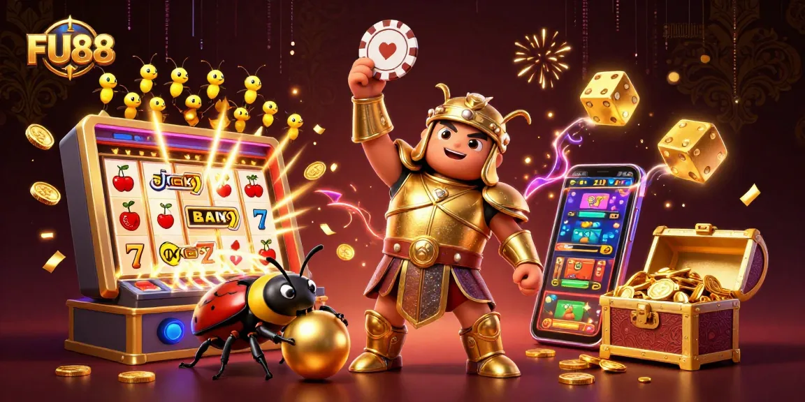 Win big with FU88's exciting gaming experience, featuring a victorious beetle and jackpot celebration!