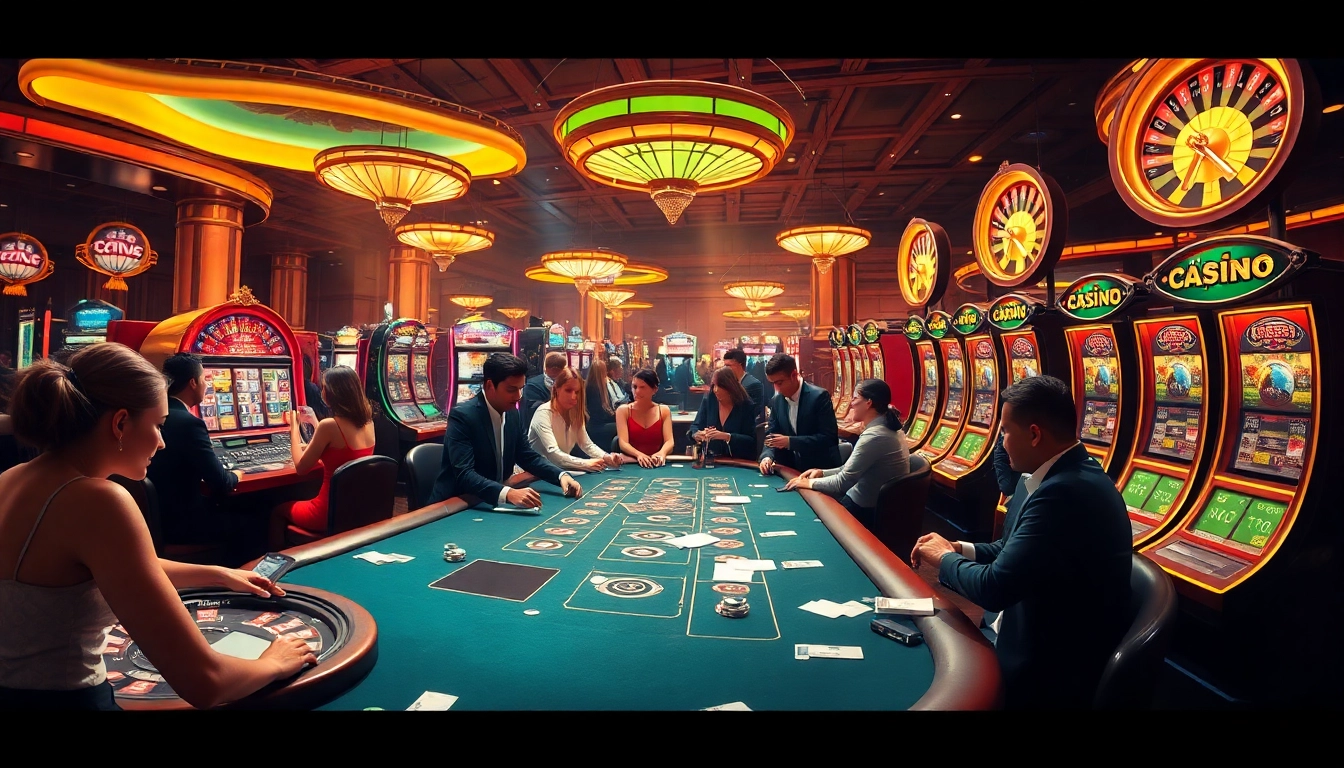 Players enjoying a thrilling game at XX88 casino featuring poker tables and vibrant slot machines.