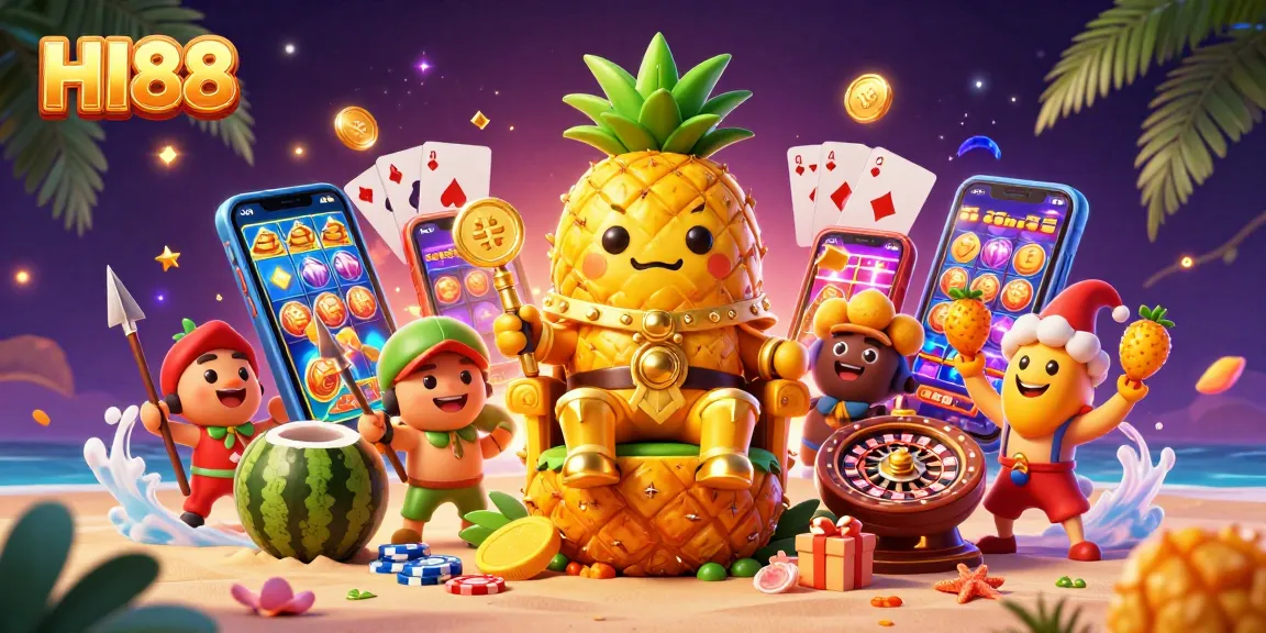 Experience HI88 gaming excitement with a vibrant 3D scene featuring a pineapple king and thrilling casino elements.