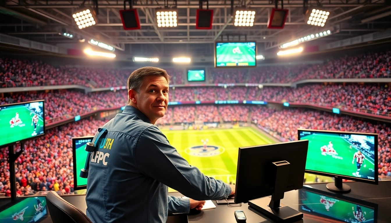 Engaging sports broadcasting scene showcasing an announcer amidst live sports events, symbolizing Sports Broadcasting.