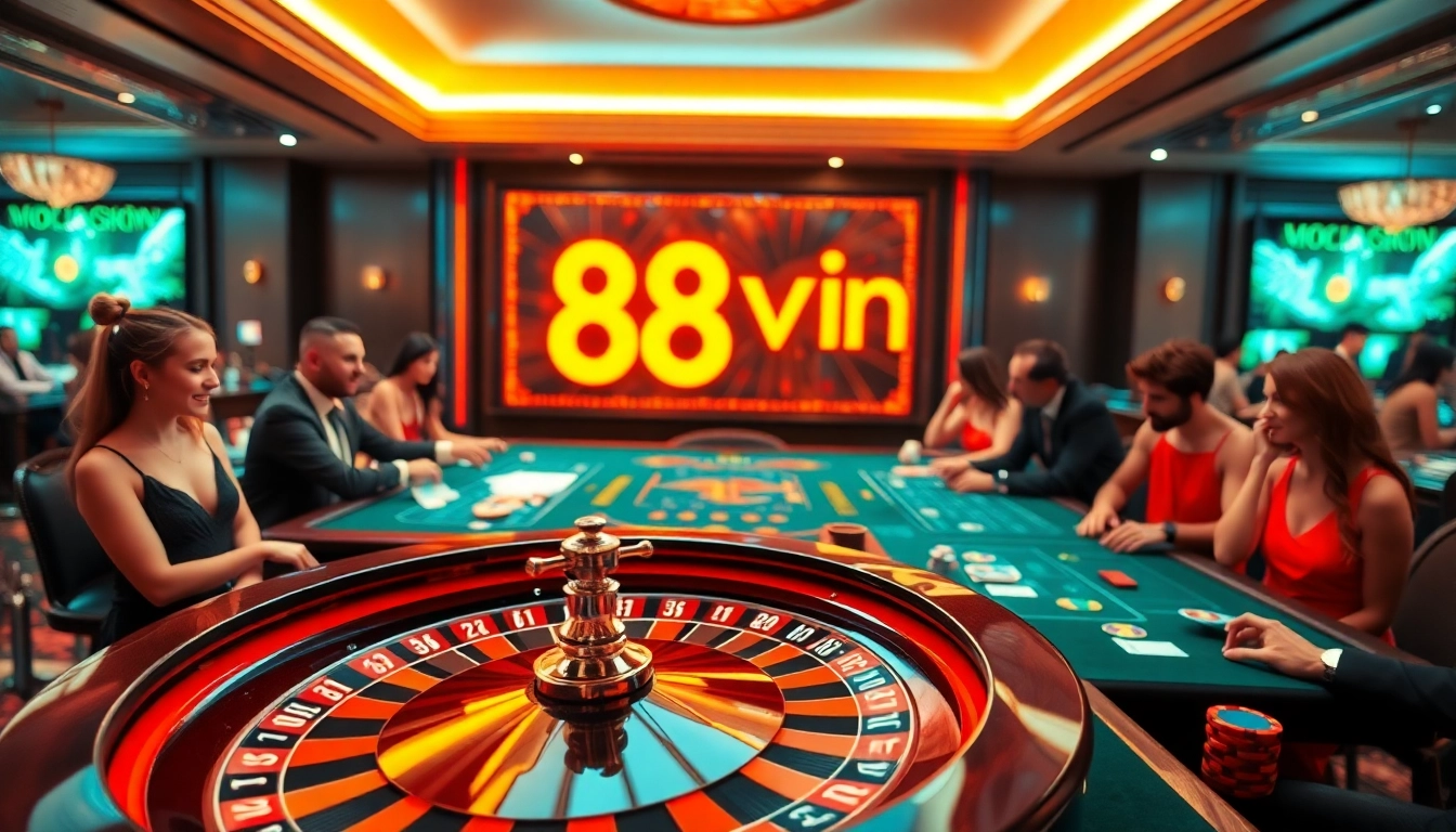 Players enjoying casino games at 88vn, featuring roulette, poker chips, and vibrant atmosphere.