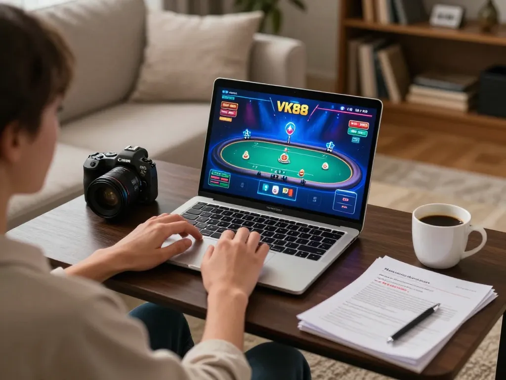Engaging in online poker at VK88 from a cozy home setup while using strategic notes.